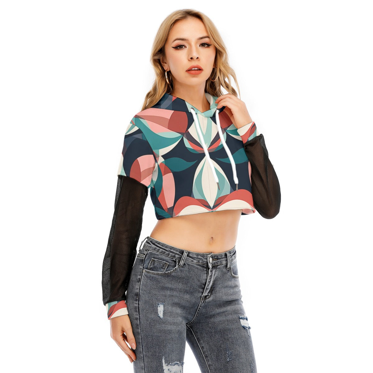 All-Over Print Women's Fake Two-piece Mesh Sleeve Cropped Hoodie