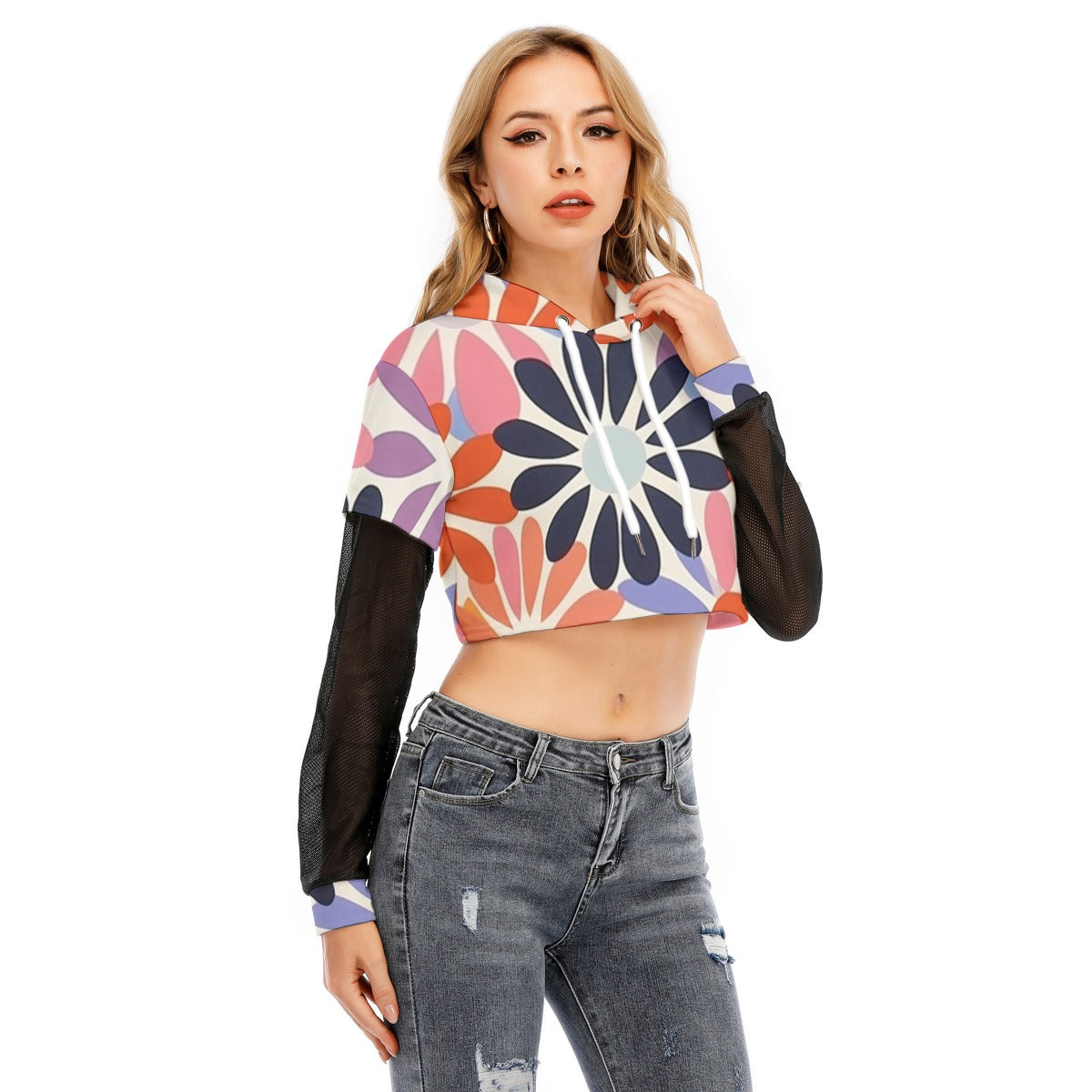 All-Over Print Women's Fake Two-piece Mesh Sleeve Cropped Hoodie