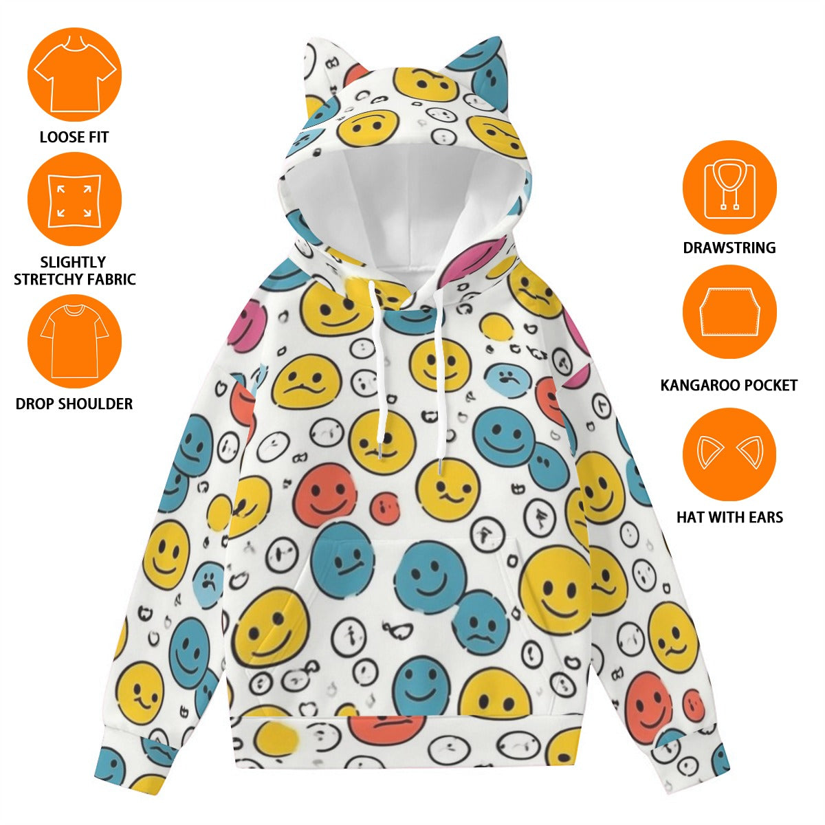 Pullover Hoodie with Ears - Urban Style Unique Graphic Cute Hoodies Smiles