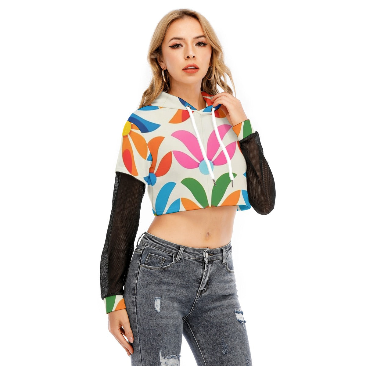 All-Over Print Women's Fake Two-piece Mesh Sleeve Cropped Hoodie