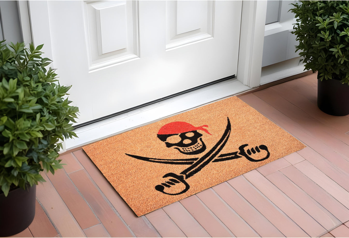 17" X 29" Natural Red and Black Coir Pirate Outdoor Halloween Door Mat-0