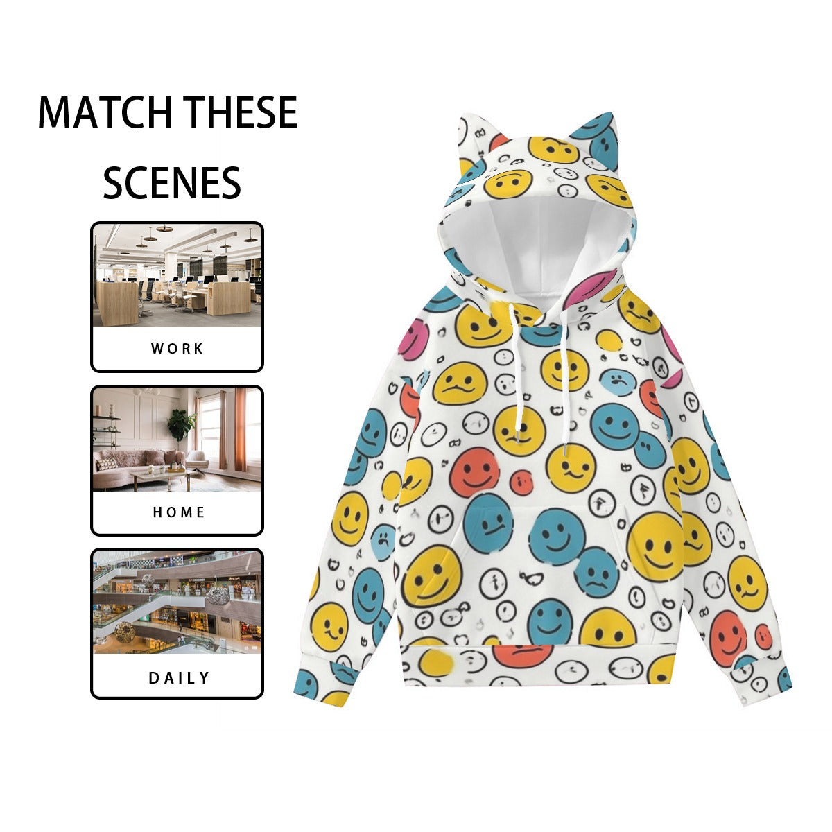 Pullover Hoodie with Ears - Urban Style Unique Graphic Cute Hoodies Smiles