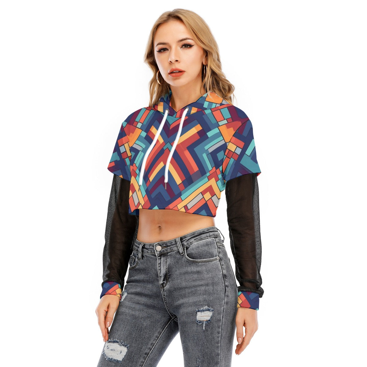 Women's Fake Two-piece Mesh Sleeve Cropped Hoodie Stunning Graphics