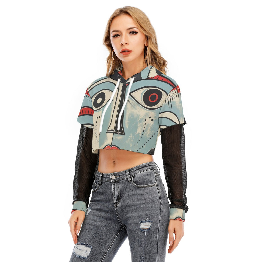 All-Over Print Women's Fake Two-piece Mesh Sleeve Cropped Hoodie
