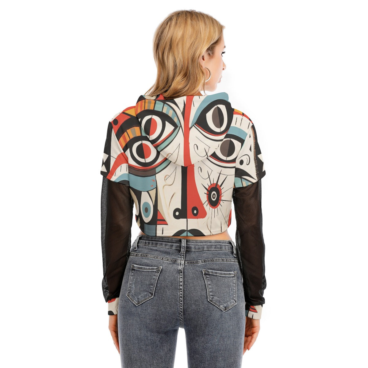 All-Over Print Women's Fake Two-piece Mesh Sleeve Cropped Hoodie