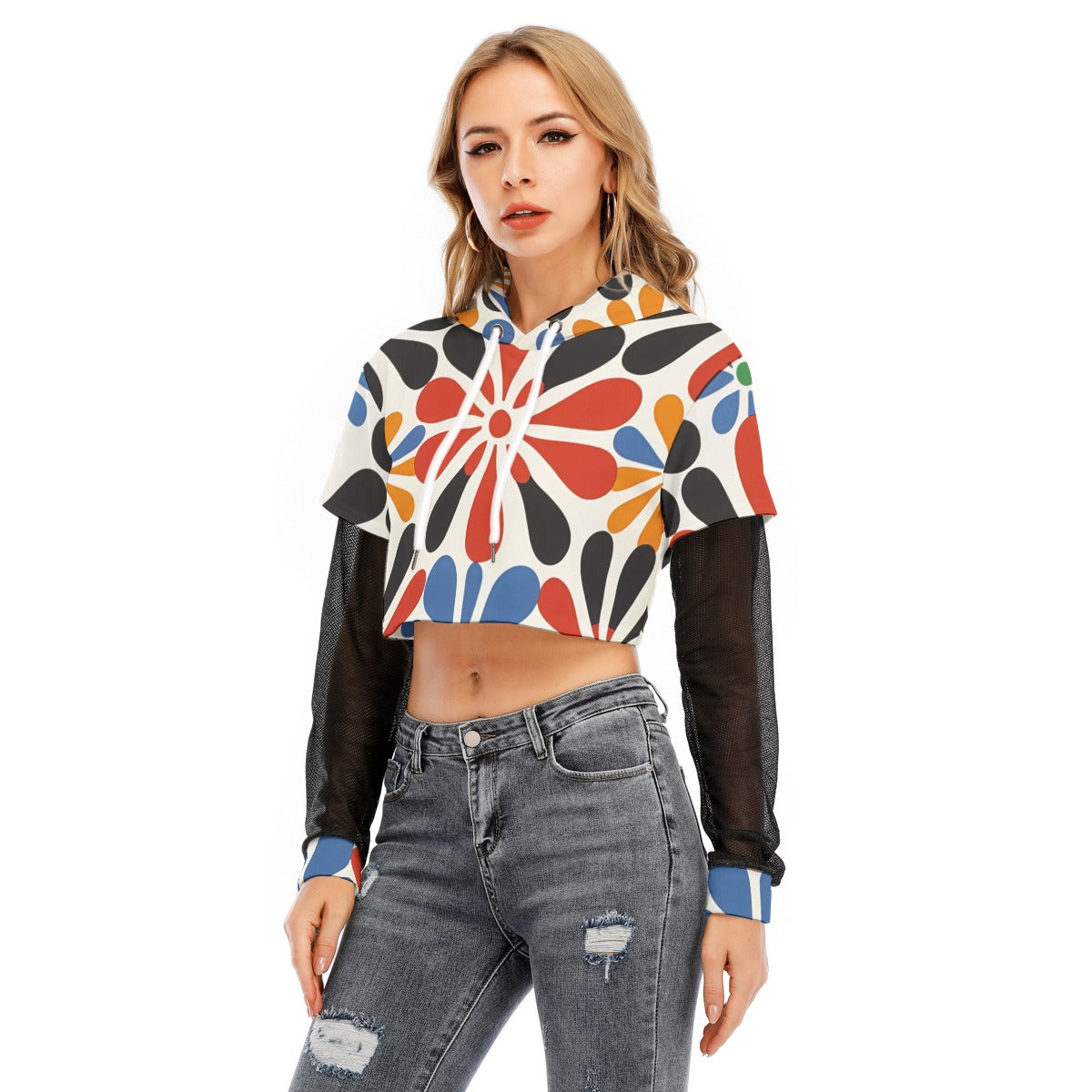All-Over Print Women's Fake Two-piece Mesh Sleeve Cropped Hoodie