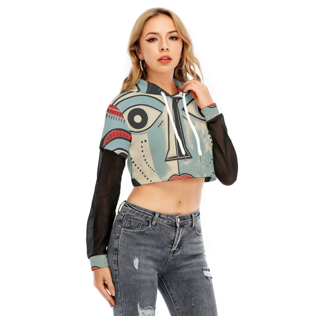 All-Over Print Women's Fake Two-piece Mesh Sleeve Cropped Hoodie