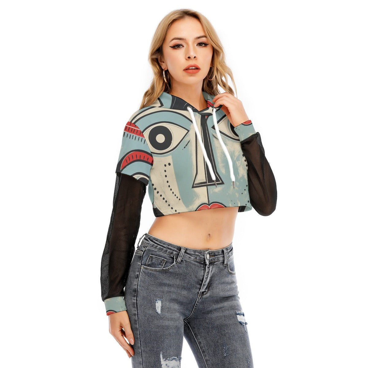 All-Over Print Women's Fake Two-piece Mesh Sleeve Cropped Hoodie