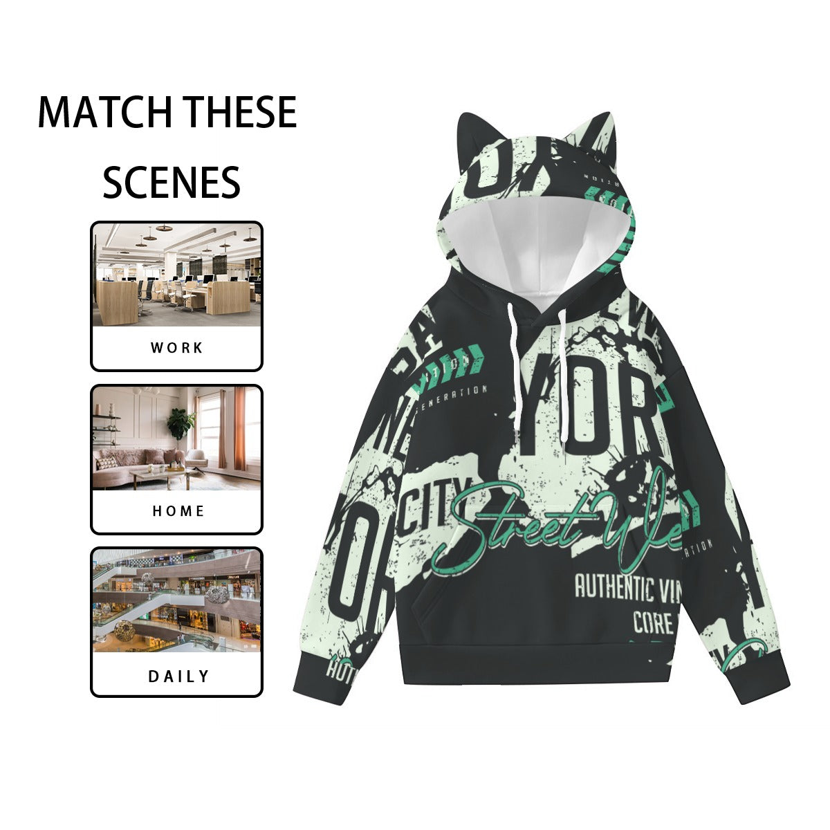 Pullover Hoodie with Ears - Urban Style Unique Graphic Cute Hoodies
