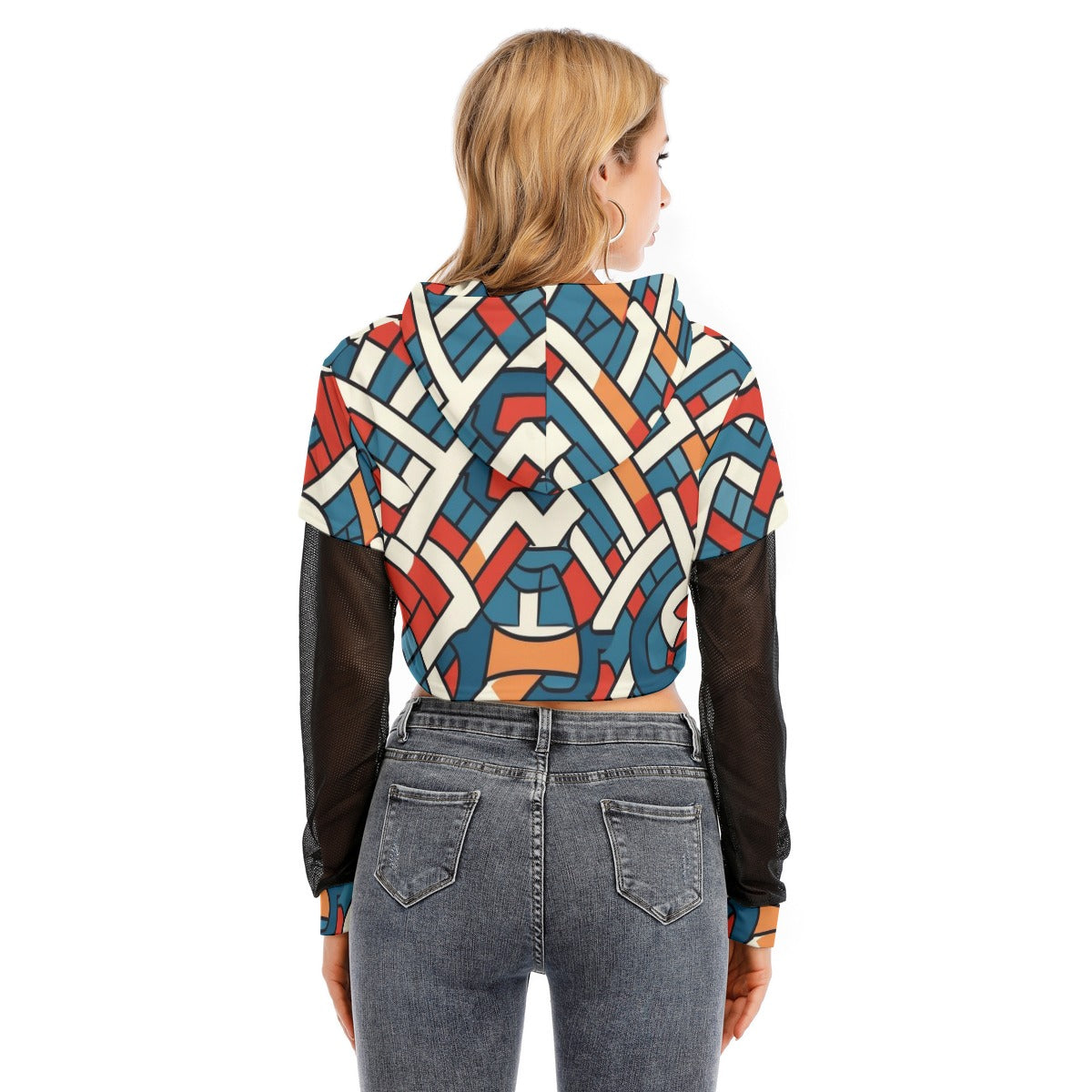 All-Over Print Women's Fake Two-piece Mesh Sleeve Cropped Hoodie