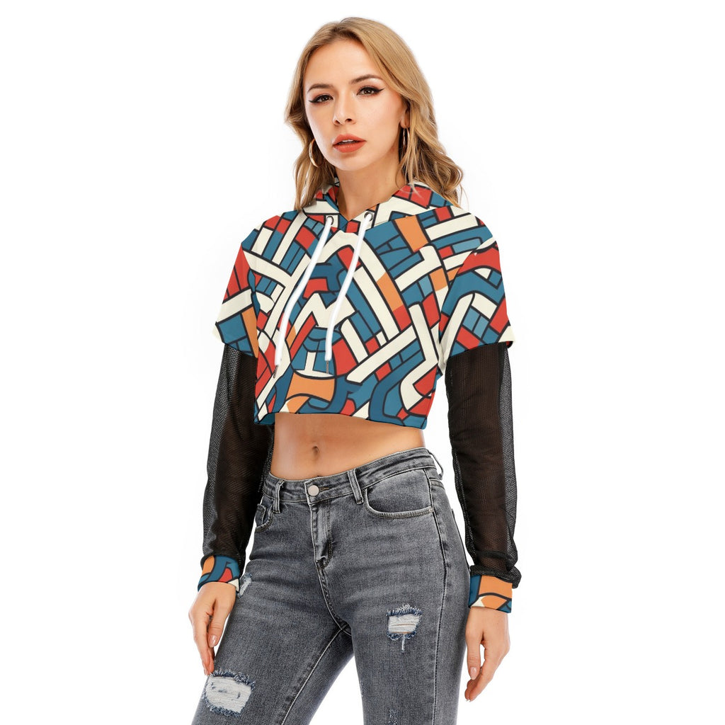 All-Over Print Women's Fake Two-piece Mesh Sleeve Cropped Hoodie