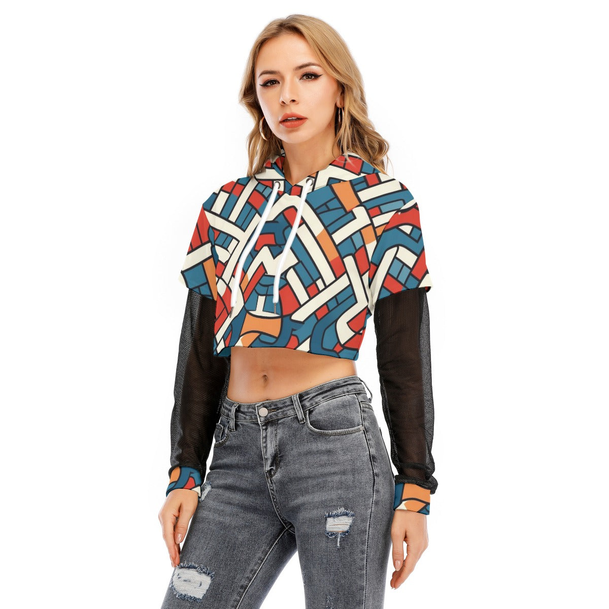 All-Over Print Women's Fake Two-piece Mesh Sleeve Cropped Hoodie