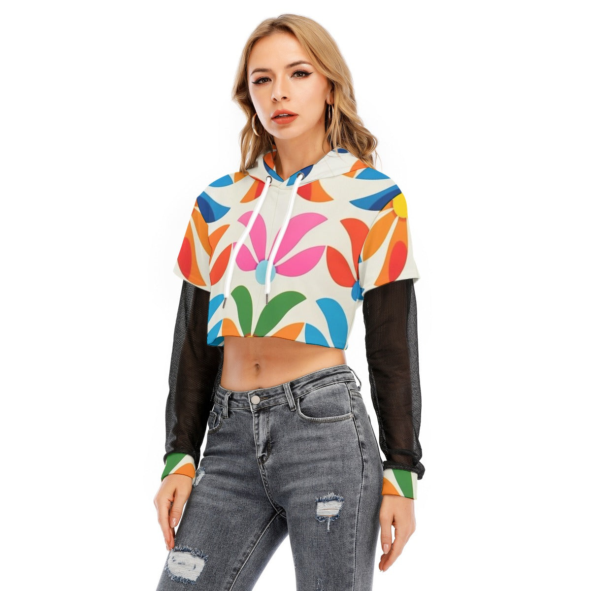 All-Over Print Women's Fake Two-piece Mesh Sleeve Cropped Hoodie