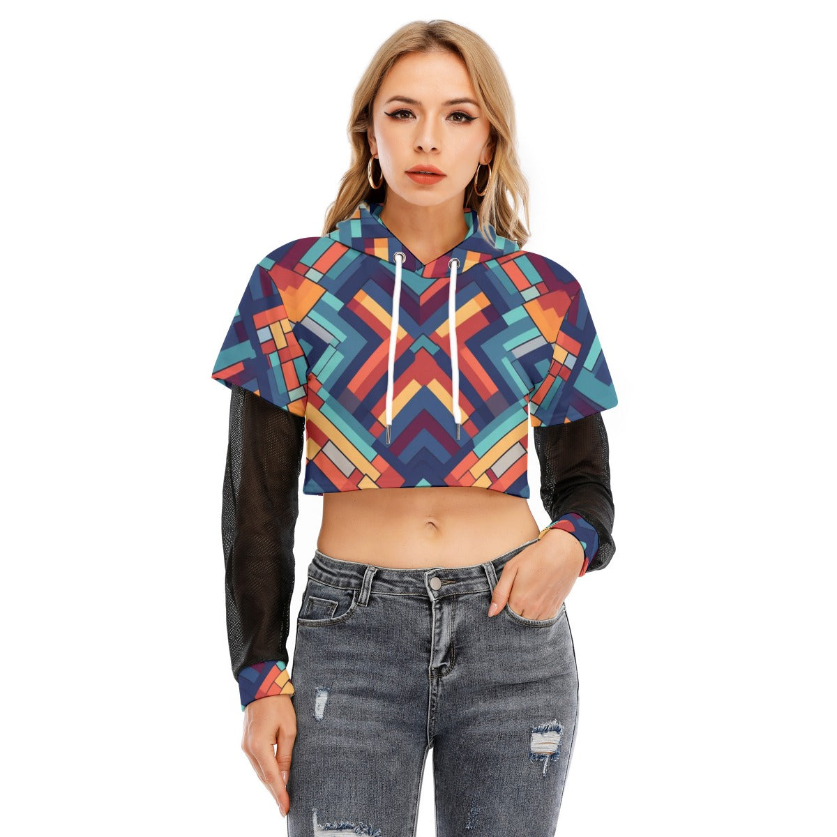 Women's Fake Two-piece Mesh Sleeve Cropped Hoodie Stunning Graphics