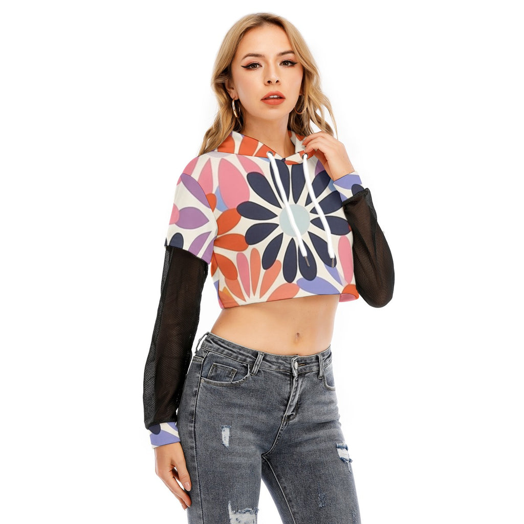 All-Over Print Women's Fake Two-piece Mesh Sleeve Cropped Hoodie