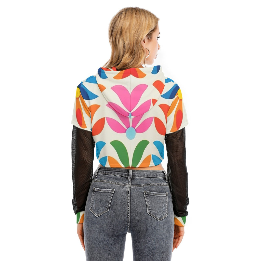 All-Over Print Women's Fake Two-piece Mesh Sleeve Cropped Hoodie