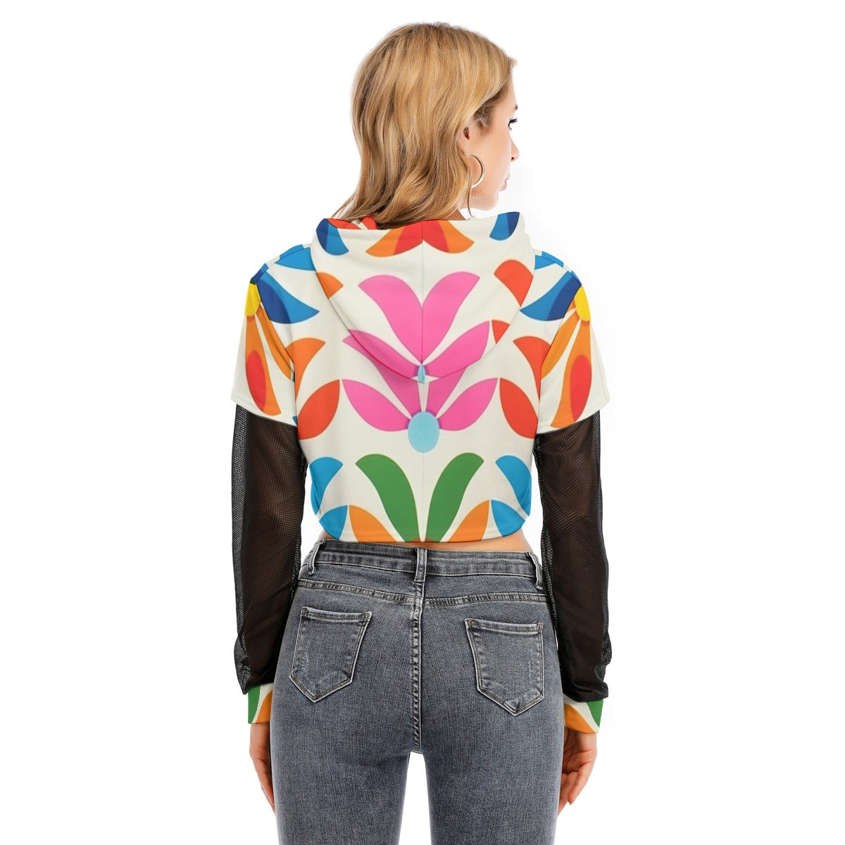 All-Over Print Women's Fake Two-piece Mesh Sleeve Cropped Hoodie