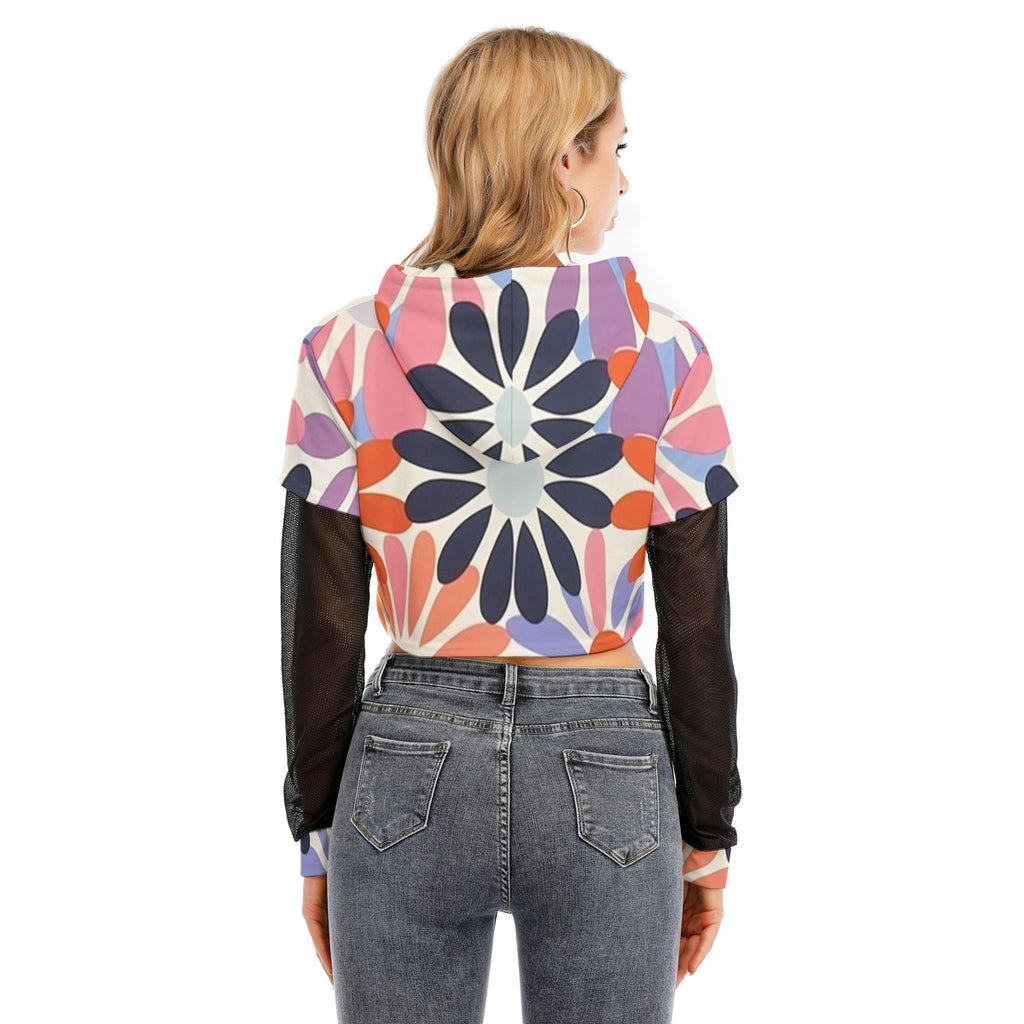 All-Over Print Women's Fake Two-piece Mesh Sleeve Cropped Hoodie