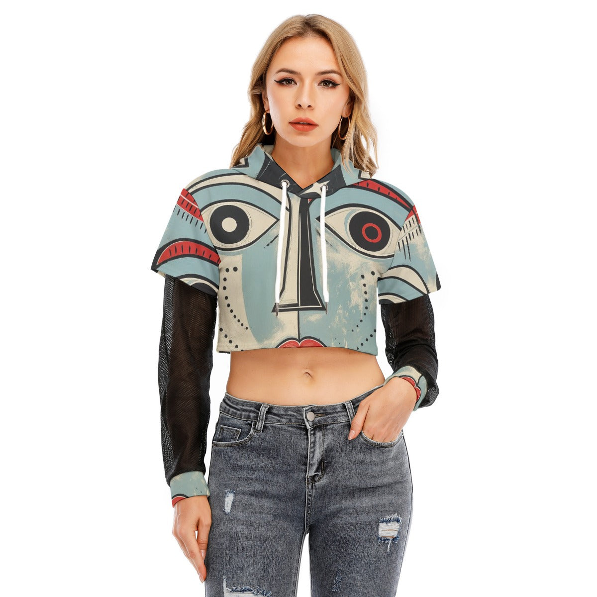 All-Over Print Women's Fake Two-piece Mesh Sleeve Cropped Hoodie