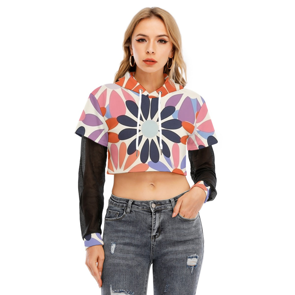 All-Over Print Women's Fake Two-piece Mesh Sleeve Cropped Hoodie