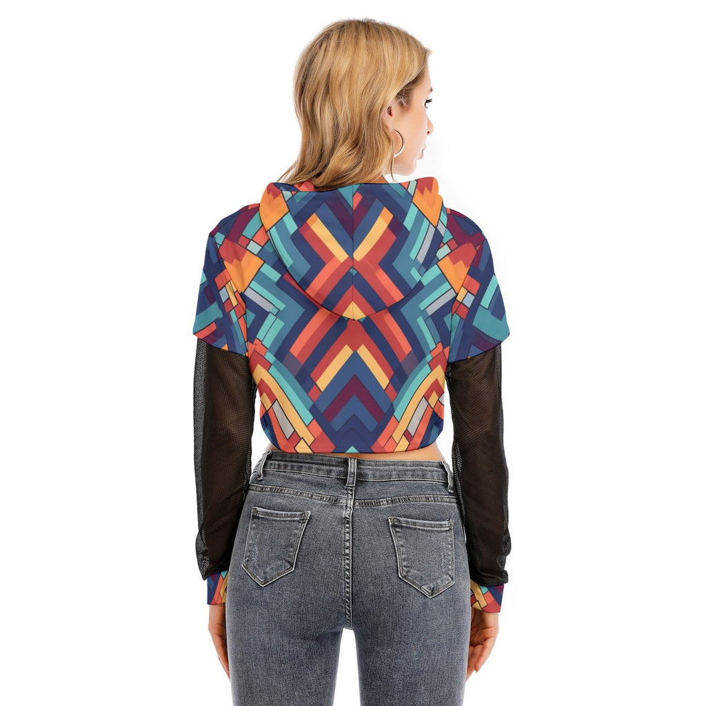 Women's Fake Two-piece Mesh Sleeve Cropped Hoodie Stunning Graphics