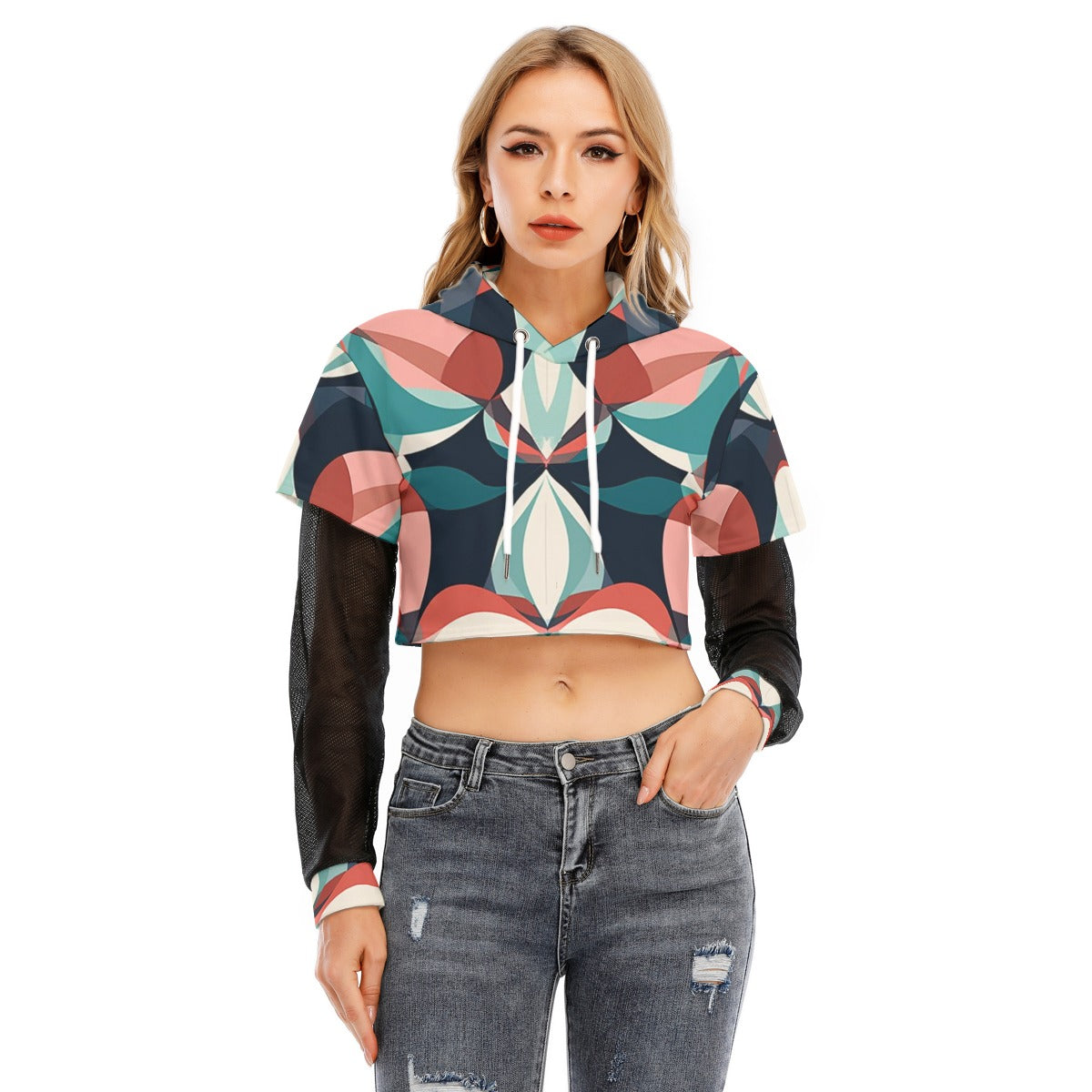 All-Over Print Women's Fake Two-piece Mesh Sleeve Cropped Hoodie