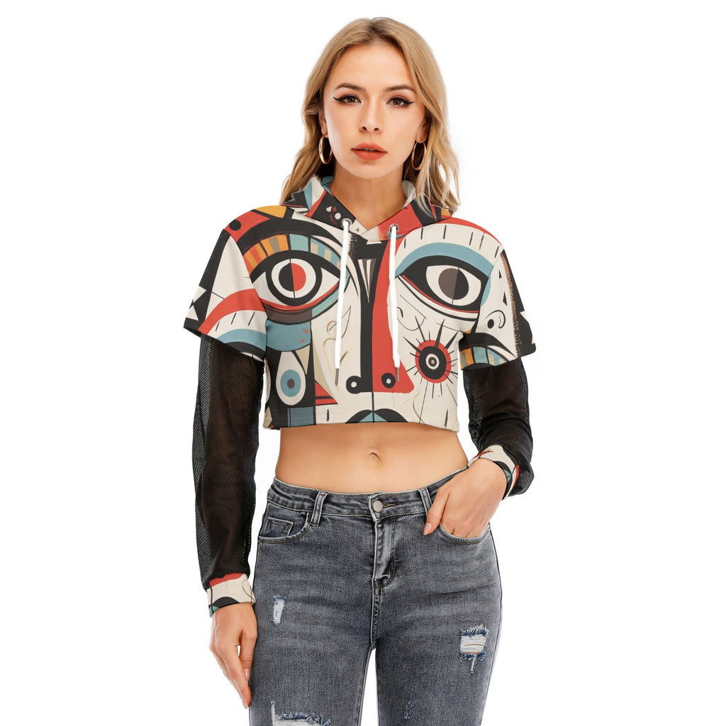 All-Over Print Women's Fake Two-piece Mesh Sleeve Cropped Hoodie