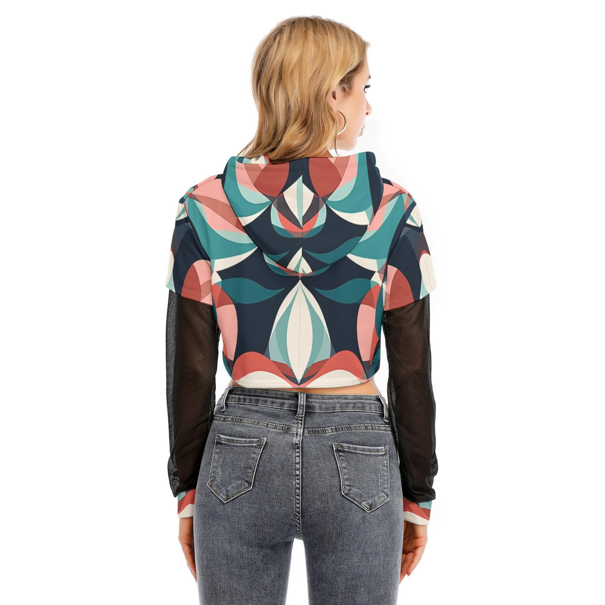 All-Over Print Women's Fake Two-piece Mesh Sleeve Cropped Hoodie