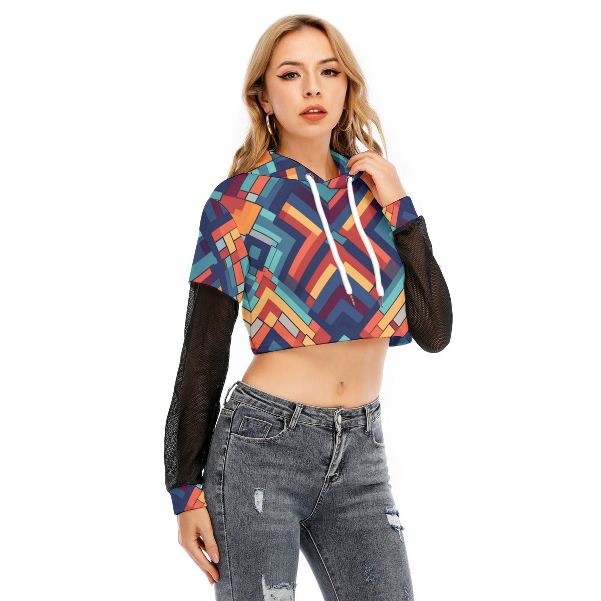 Women's Fake Two-piece Mesh Sleeve Cropped Hoodie Stunning Graphics