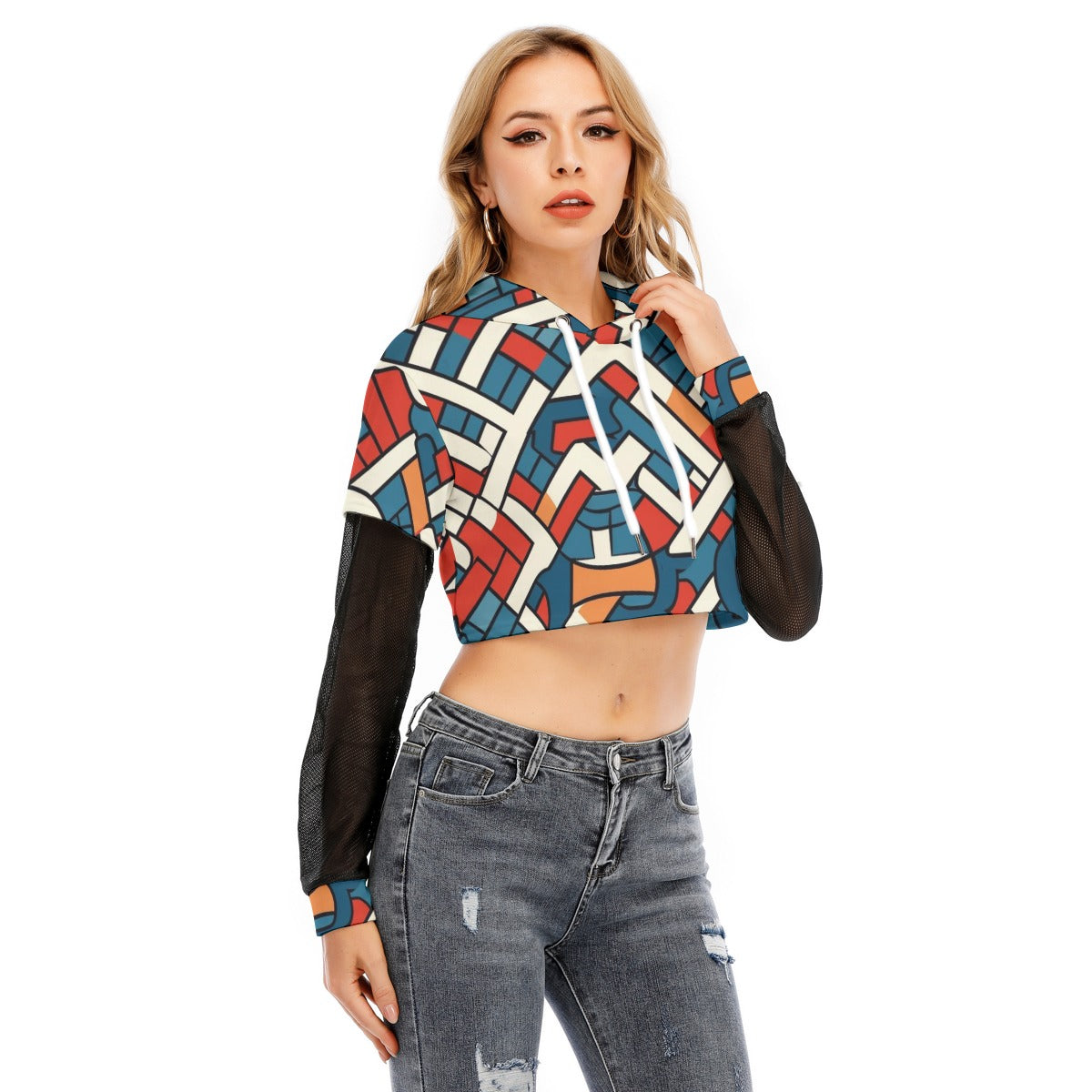 All-Over Print Women's Fake Two-piece Mesh Sleeve Cropped Hoodie
