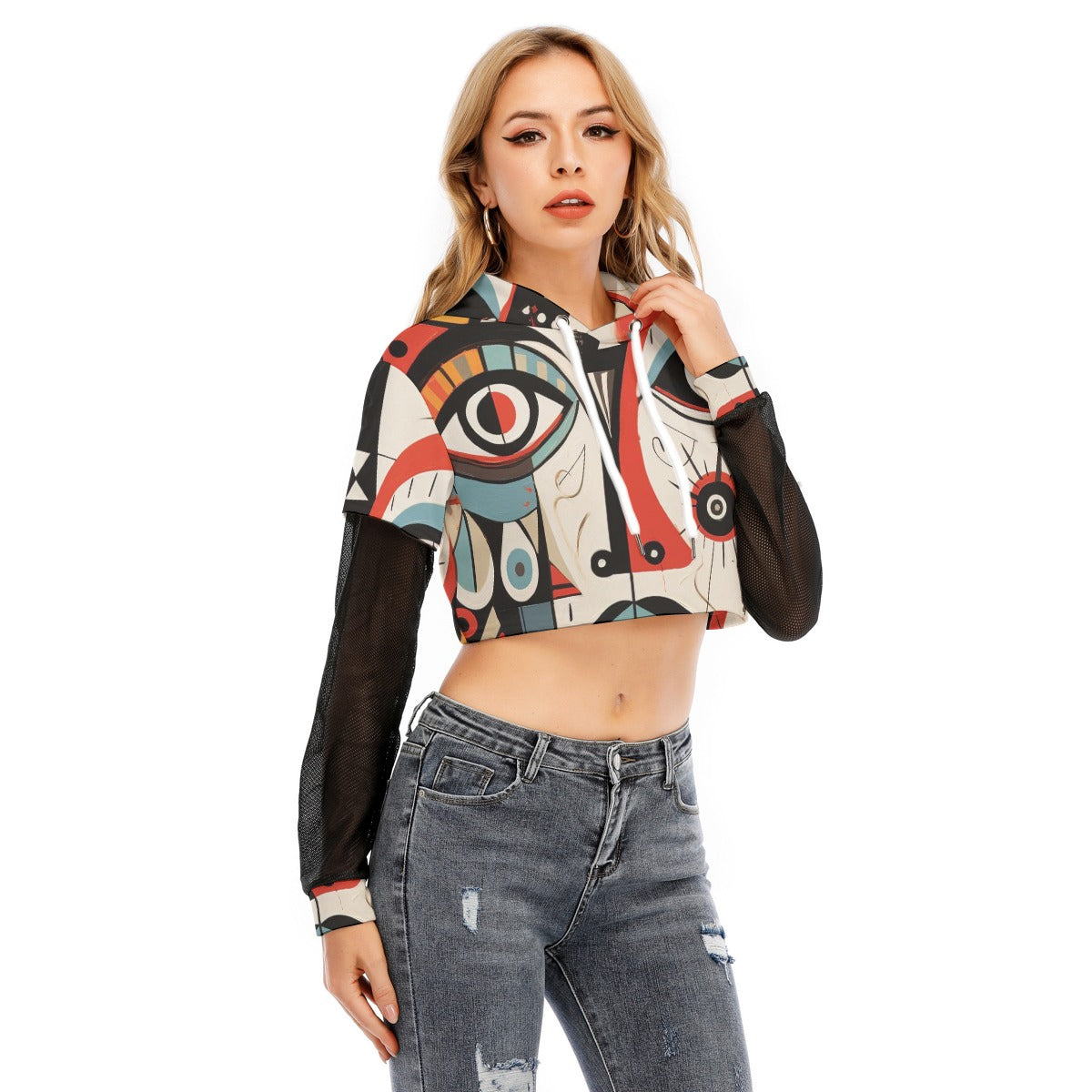 All-Over Print Women's Fake Two-piece Mesh Sleeve Cropped Hoodie