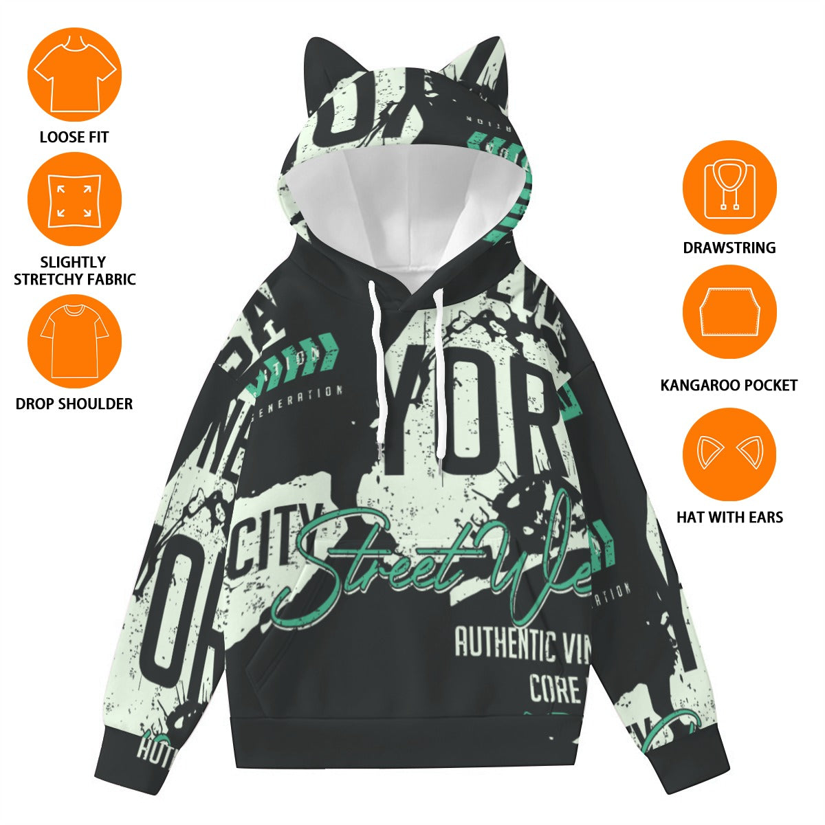 Pullover Hoodie with Ears - Urban Style Unique Graphic Cute Hoodies