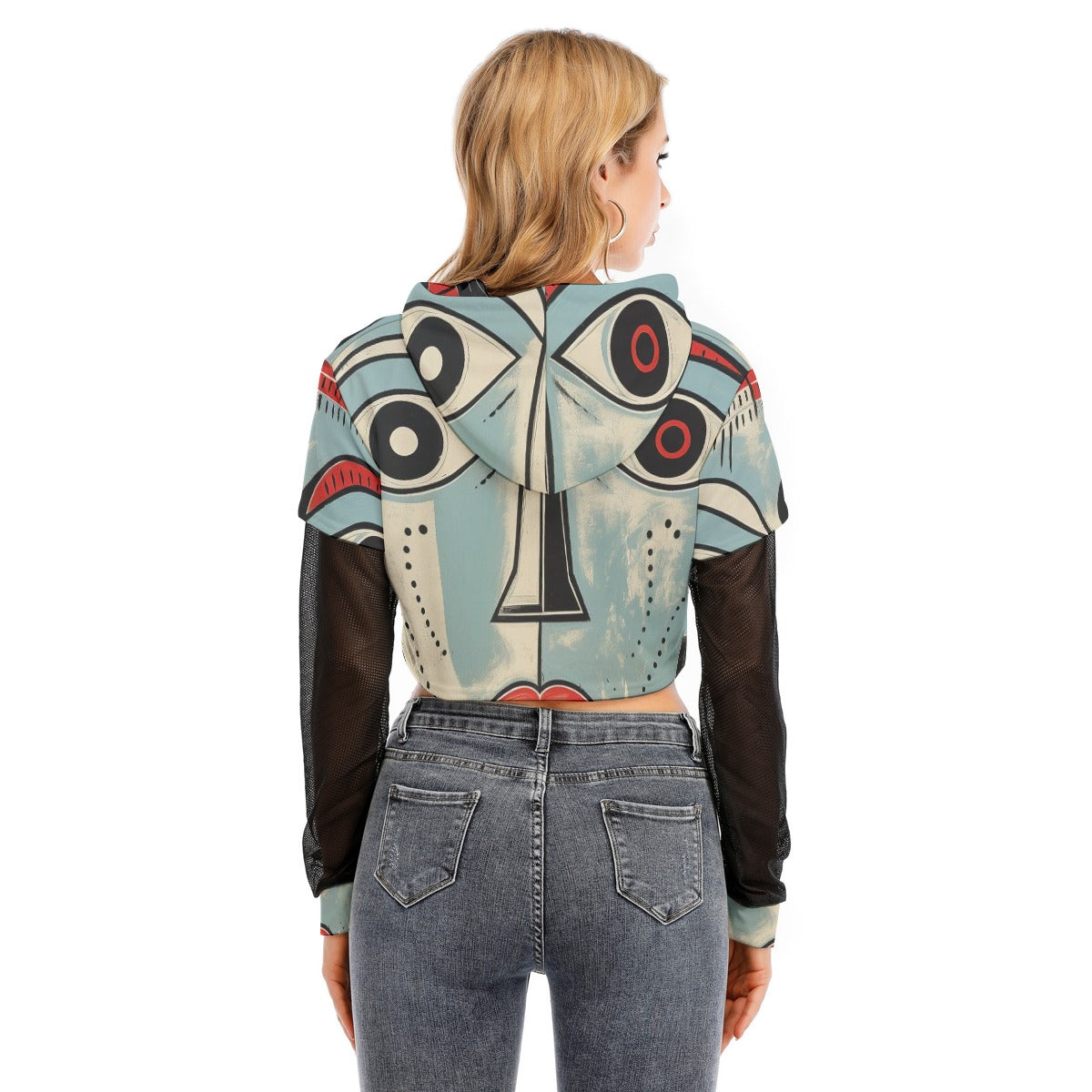 All-Over Print Women's Fake Two-piece Mesh Sleeve Cropped Hoodie