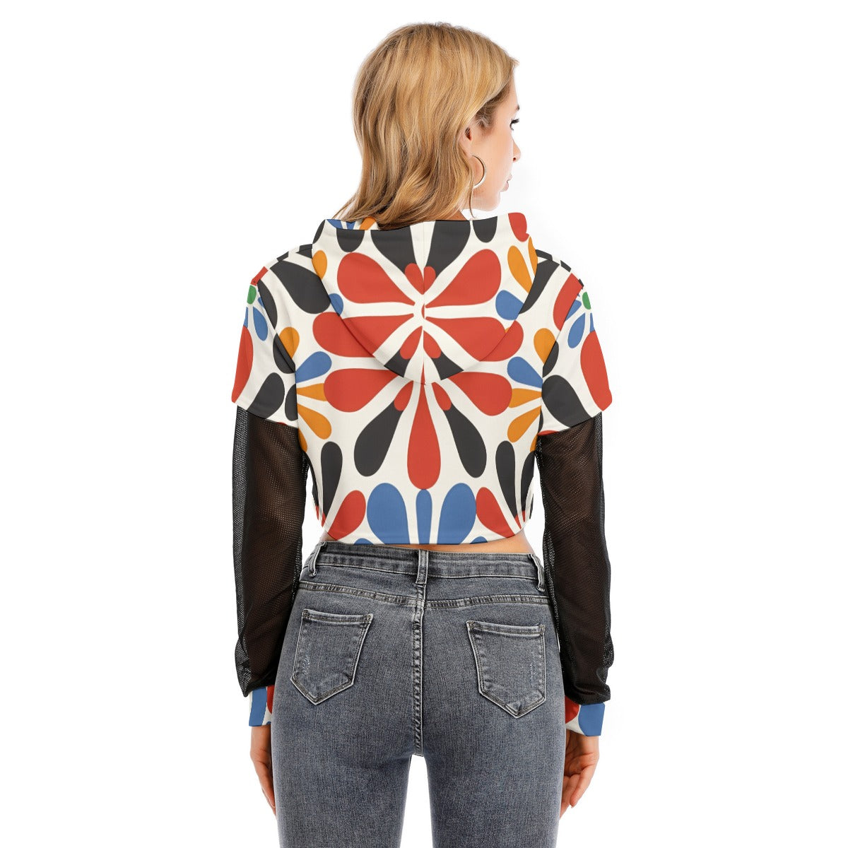 All-Over Print Women's Fake Two-piece Mesh Sleeve Cropped Hoodie