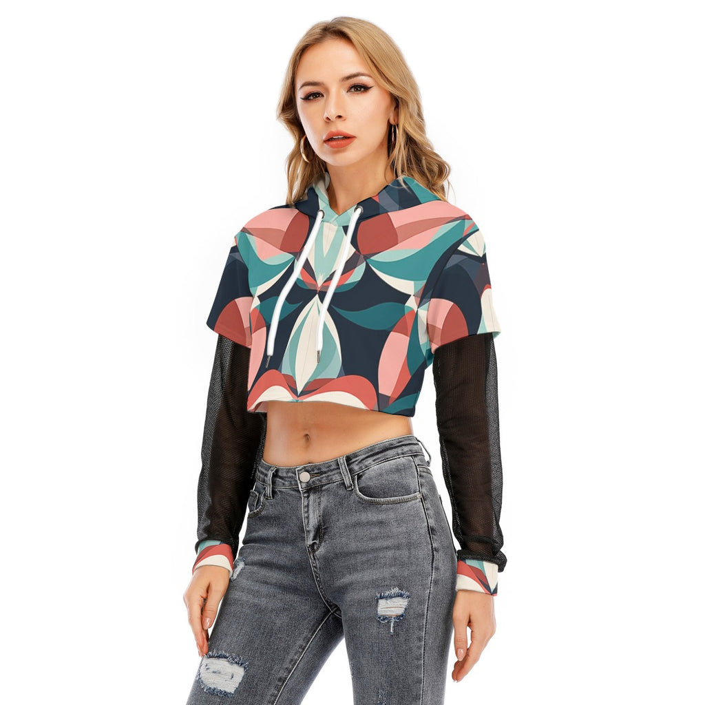 All-Over Print Women's Fake Two-piece Mesh Sleeve Cropped Hoodie