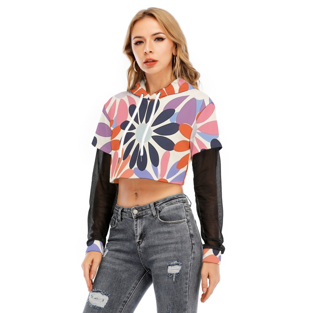 All-Over Print Women's Fake Two-piece Mesh Sleeve Cropped Hoodie