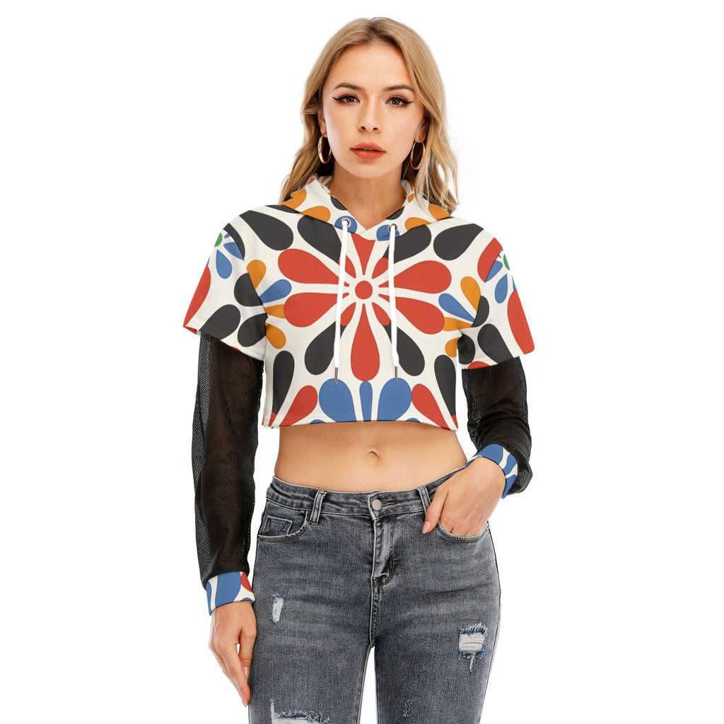 All-Over Print Women's Fake Two-piece Mesh Sleeve Cropped Hoodie
