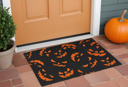 17" X 29" Black and Orange Coir Jackolantern Outdoor Halloween Door Mat-0
